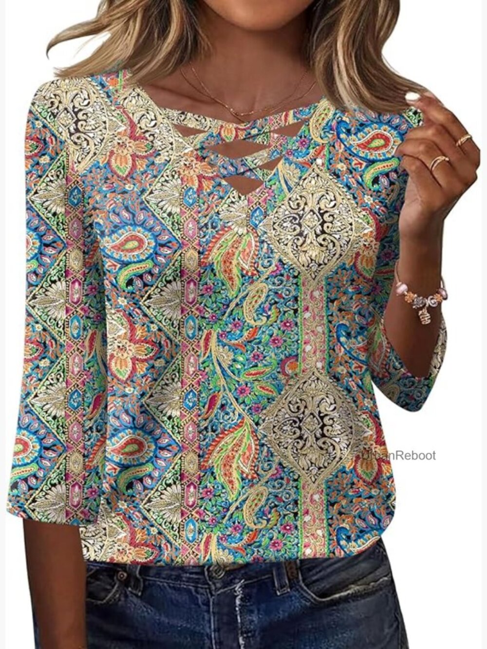 3/4 Sleeve V Neck Criss Cross Tunic Blouse Dressy Casual Work Top